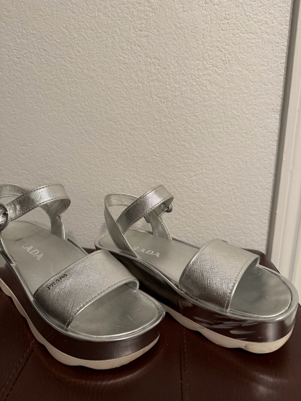 Prada Metallic Silver Platform Sandals